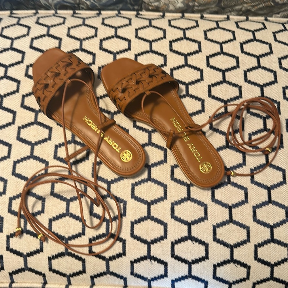 Tory Burch Brown Leather Woven Lace-Up Sandals